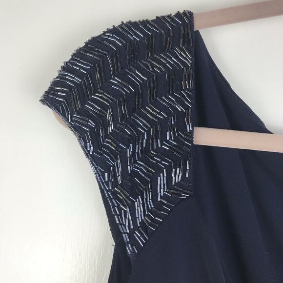 Lauren Ralph Lauren Evening Dress Maxi Navy Beaded Shoulders V-Neck Drape Sz 12 - Picture 3 of 12